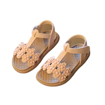 Сандалии для девочек, Летняя Маленькая Обувь с вырезами в виде Милых Цветов, Модные детские пляжные Сандалии на мягкой подошве, Размер 21-35 SMG281