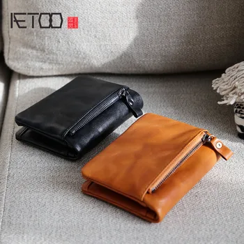 Короткий кошелек из воловьей кожи верхнего слоя AETOO для мужчин и женщин, сумка для водительских прав, двойной кожаный бумажник, портмоне для монет