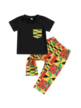 Одежда для маленьких мальчиков и девочек, футболка с коротким рукавом и геометрическим принтом в африканском стиле, Топ, брюки, Комплект одежды в стиле Дашики Анкара, 2 шт.