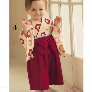 Комбинезон-кимоно с красными цветами для девочек, 100% хлопок, комбинезон с длинными рукавами 
