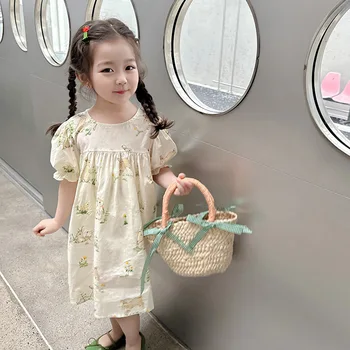 Летняя детская одежда с рукавами-пузырями 2023, Новое Корейское платье для девочек из чистого хлопка с принтом кролика, платье Принцессы