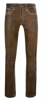 Мужские коричневые Кожаные брюки с белой строчкой, облегающие брюки