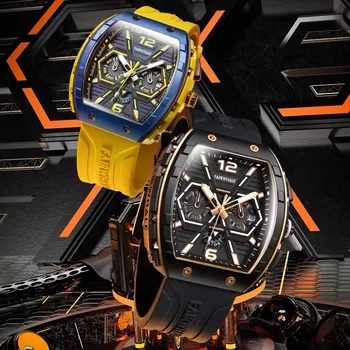 Роскошные мужские кварцевые часы модных брендов Mark Fairwhale Корпус из смолы, Многофункциональный Дизайн, Водонепроницаемый хронограф, Светящиеся часы