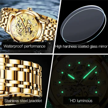 Новые модные Мужские механические часы с Золотым Скелетом, Роскошные Автоматические Полые часы, Светящиеся водонепроницаемые Relogio Clock Masculino 2