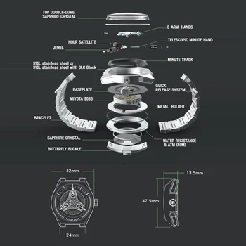 PHANTASOS Мужские Автоматические Часы 42 мм Роскошные Механические Наручные Часы 5ATM Со Светящимся Сапфиром Miyota 90S5 с Возможностью Вращения 3 Дисков 3