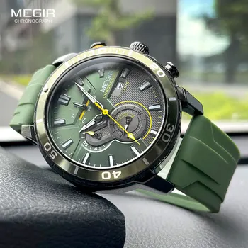 Мужские кварцевые часы MEGIR Sport с оливково-зеленым силиконовым ремешком, хронограф, Водонепроницаемые наручные часы со светящимися стрелками с автоматической датой