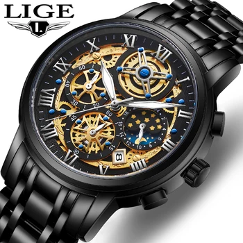 Мужские часы LIGE, лучший бренд класса Люкс, спортивные кварцевые часы, Мужские стальные водонепроницаемые хронографы, черные наручные часы, мужские Relogio Masculino