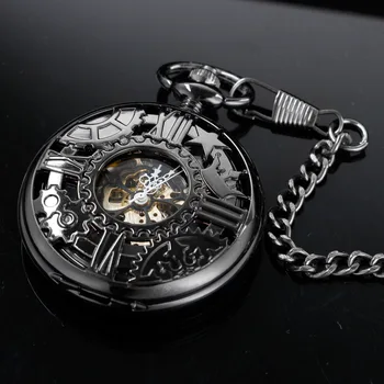 Черные Полые Изысканные Механические Карманные часы Time Gear в стиле Стимпанк, Ретро-Джентльменские Аналоговые Сигнальные часы, Подарок для Леди, Ювелирные изделия