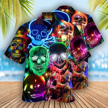 Новые Гавайские Рубашки с Неоновым Принтом Черепа для Мужчин, Крутая Креативная Рубашка с 3D Принтом, Пляжный Топ Оверсайз с Коротким Рукавом, Винтажный