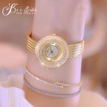 Женские часы BS Bee Sister Люксовый бренд, Женские наручные часы со стразами, золотой и серебряный сетчатый ремень, Водонепроницаемые