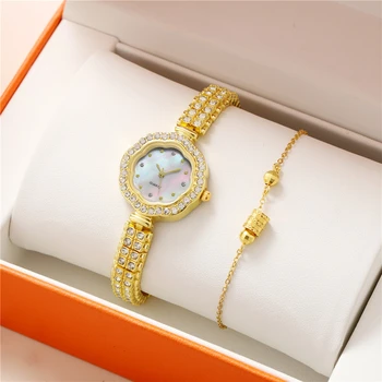 Роскошные золотые женские брендовые часы, модный Цветок, поверхность в виде ракушки с бриллиантами, дизайн циферблата, Женские кварцевые часы, браслет