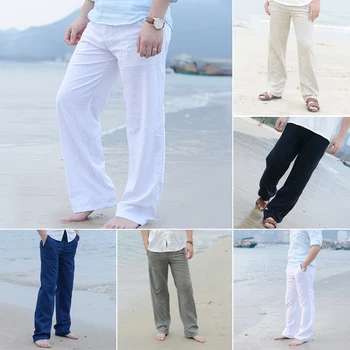 Naiveroo, мужские Свободные прямые длинные брюки, Весна-лето, модные хлопковые льняные пляжные брюки с эластичной резинкой на талии, большие размеры M-3XL