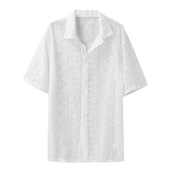 Мужская летняя повседневная футболка на пуговицах с коротким рукавом и геометрическим рисунком, Рубашки с принтом, Топы свободного кроя