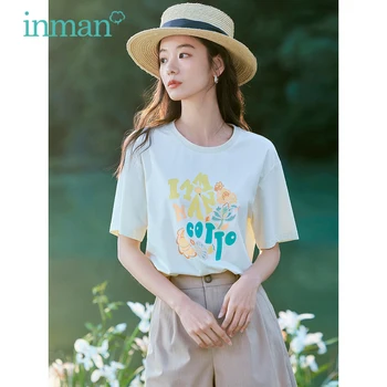 Женская футболка INMAN 2023, Летние Футболки Свободного Кроя с короткими рукавами и круглым вырезом, Дизайнерский принт, вышивка пайетками, Повседневные универсальные топы