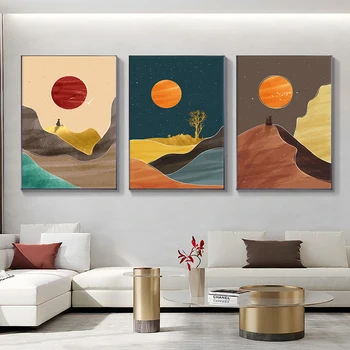 Скандинавский абстрактный пейзаж, картина на холсте, Горный Восход, Скандинавский плакат, настенная художественная картина, современный декор для гостиной