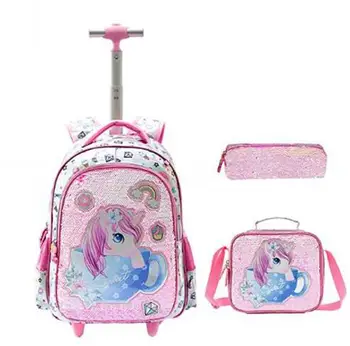 Школьная сумка на колесиках с блестками, рюкзак на колесиках, набор пакетов для ланча, школьная сумка на колесиках, школьная тележка, рюкзак для девочек