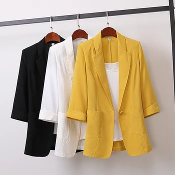 Модный Винтажный пиджак 2021 Для женщин, Повседневный Блейзер из хлопка и льна, Элегантное пальто, Маленький костюм, женская куртка средней длины
