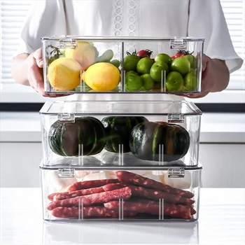 Устройство для хранения фруктов и овощей с крышкой, Кухонные пластиковые контейнеры для хранения ДОМАШНИХ ЖИВОТНЫХ, холодильник для хранения продуктов с перегородками 0