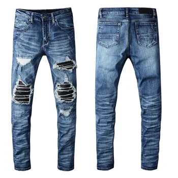 Мужские джинсы в стиле пэчворк, рваная байкерская нашивка, Тонкие обтягивающие стрейчевые джинсовые брюки для мужчин
