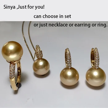 Sinya 12 мм southsea золотой жемчуг ювелирный набор инкрустация настоящими бриллиантами высокого блеска ожерелье серьги кольцо набор лучший подарок для любимой мамы 0