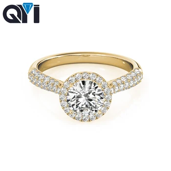 QYI 1 Карат Муассанит Бриллиант из желтого золота 14 К, Многорядное обручальное кольцо, Классический обручальный ореол для женщин