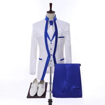 Комплект из 3 предметов с фирменным рисунком, мужской костюм для свадебных костюмов, сшитый на заказ Костюм жениха, Смокинг для официальной вечеринки (куртка + брюки + жилет + галстук) 0