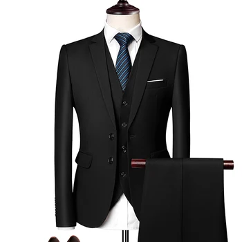 Мужской костюм, Новый однотонный приталенный комплект из 3 предметов, бутик-джентльмен, Классическая деловая модная мужская одежда, пальто, жилет со штанами