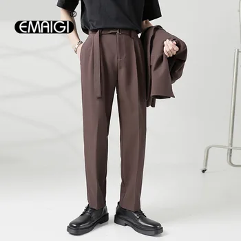 Мужской Пояс, Свободные Повседневные брюки, Корейская Уличная Одежда, Шикарные модные Офисные брюки, высококачественные мужские прямые брюки