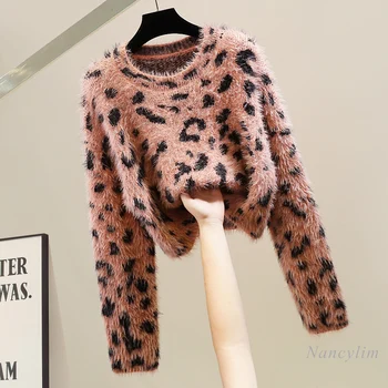 Пуловер с длинным рукавом, мохеровый свитер с леопардовым принтом для женщин, повседневный дизайн, Свободный молодежный короткий вязаный топ, осень