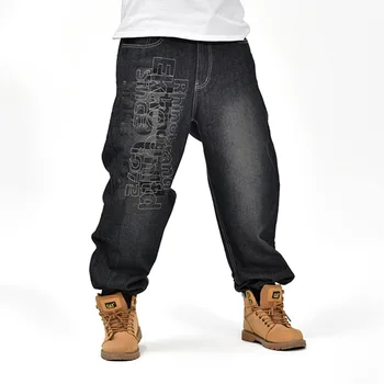 Осенние Свободные джинсы, Мужские Повседневные черные брюки с вышивкой, Уличные мешковатые брюки в стиле Хип-хоп