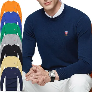 Новый мужской весенний свитер, пуловер, однотонная повседневная нашивка с вышивкой, Приталенный 100% хлопок, Джемпер с круглым вырезом и длинным рукавом, Свитера, топы P8507 0