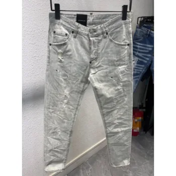Весенне-летние джинсы DSQ2 D2, Модные мужские джинсы с вышивкой, логотип, Облегающие эластичные ножки, Белые рваные джинсы