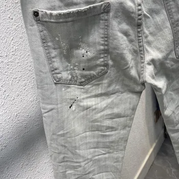 Весенне-летние джинсы DSQ2 D2, Модные мужские джинсы с вышивкой, логотип, Облегающие эластичные ножки, Белые рваные джинсы 5