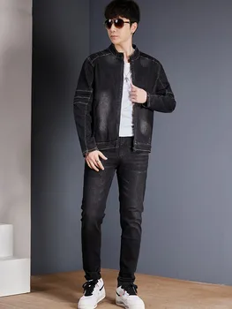 Новая осенняя мужская джинсовая куртка со стоячим воротником, Длинные джинсы, комплект из двух предметов, приталенный ковбойский костюм, повседневные рабочие комплекты, модные подходящие наряды