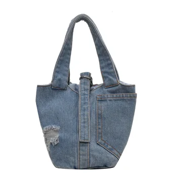 Джинсовая сумка-ведро 2023, новая тенденция, универсальная Ретро Простая повседневная сумка Большой емкости, женские эстетичные сумки для хранения в стиле пэчворк
