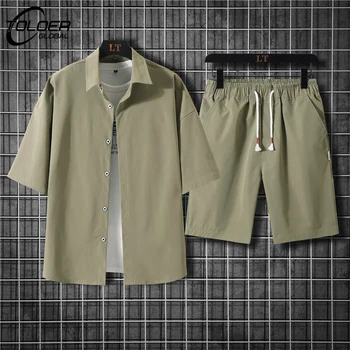 Новый Летний Мужской однотонный комплект рубашек, 2 предмета, Корейская мода, Рубашка с короткими рукавами + шорты, Комплекты, Мужская Повседневная Свободная Уличная одежда, Рубашка, пальто