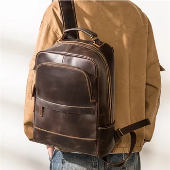 Винтажный модный мужской коричневый рюкзак из воловьей кожи crazy horse, для путешествий на открытом воздухе, рюкзак с несколькими карманами, студенческая сумка, студенческая