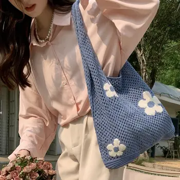 Сумка для хранения, выдолбленная, в богемном этническом стиле, цветочная сумка, вязаная крючком, сумка-тоут, женская сумка, Тканая вязаная сумка