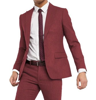 Новый Винтажный Бордовый Мужской костюм из 2 предметов, Твидовые смокинги в елочку, Смокинги Жениха для Свадьбы нестандартного размера (Блейзер + брюки)