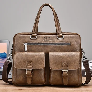 Мужской деловой портфель Винтажная сумка из искусственной кожи Многофункциональная мужская сумка через плечо для ноутбука Большой емкости