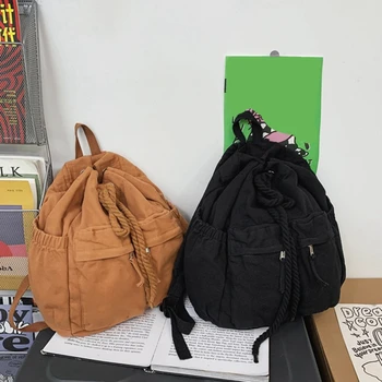 Женская Парусиновая Винтажная сумка для отдыха на шнурке для девочек, Женский Коричневый рюкзак для ноутбука, для колледжа, Женская школьная сумка для путешествий, Модная