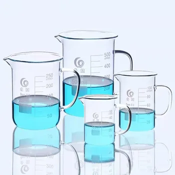 1 шт./лот, лабораторный стакан из цельного стекла объемом 50 мл-2000 мл со стеклянной ручкой для химии, стеклянные мерные стаканы, стеклянная посуда