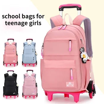 Ортопедическая школьная сумка для ребенка на колесиках, водонепроницаемый рюкзак для учащихся начальных классов, дорожная сумка для девочек-подростков, школьные сумки-тележки