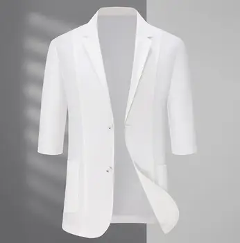 Новый стиль, Летний мужской Блейзер, приталенные костюмы, Мужской хлопковый пиджак на одной пуговице с коротким рукавом ABB267