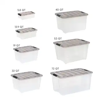 19-литровый прозрачный пластиковый ящик для хранения Stack & Pull ™ с пряжками, серый 2