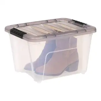 19-литровый прозрачный пластиковый ящик для хранения Stack & Pull ™ с пряжками, серый 4