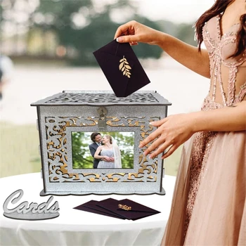 Коробка для свадебных открыток Коробка для подарочных карт из блестящего дерева со светодиодными гирляндами