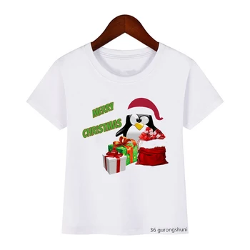 Лидер продаж 2022 года, детская футболка с милым рождественским принтом в виде пингвина и оленя, детская рождественская футболка с рисунком для мальчиков / девочек