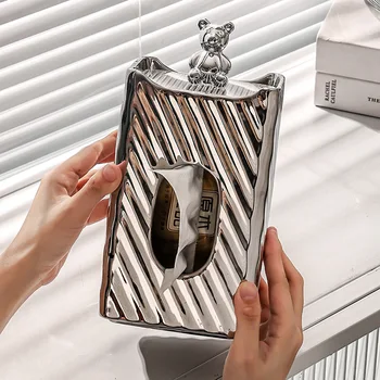 Легкая Роскошная коробка для салфеток с полосатым медведем, Металлическая коробка для извлечения бумаги с серебряным медведем, Бытовая ванная комната, хранение салфеток для лица 3