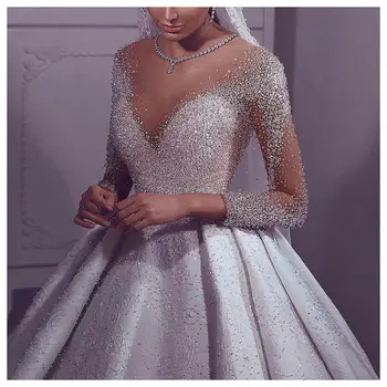 Роскошное свадебное платье для новобрачных с бисером и блестками, Великолепное кружевное бальное платье ручной работы с длинным рукавом